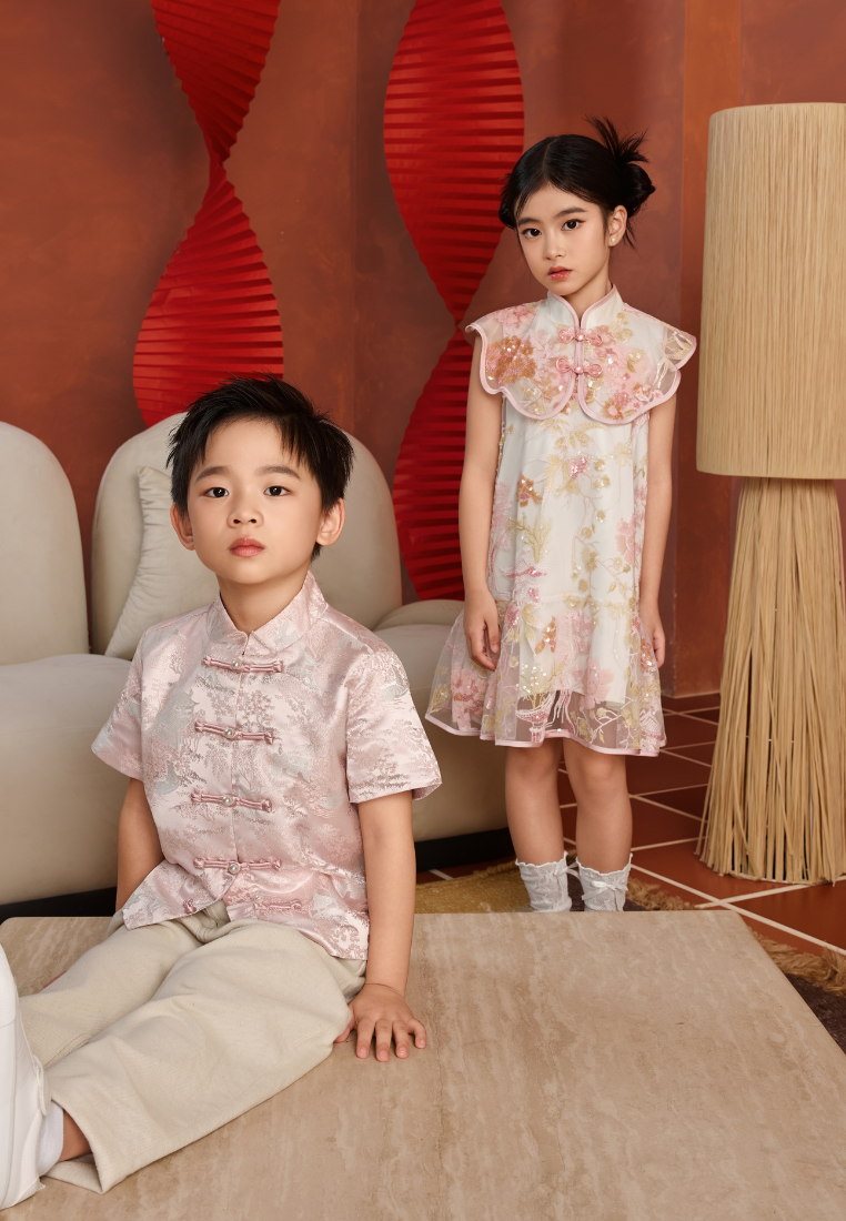Huan Le Spring Courtyard Jacquard Boy Samfu Top (Pink)