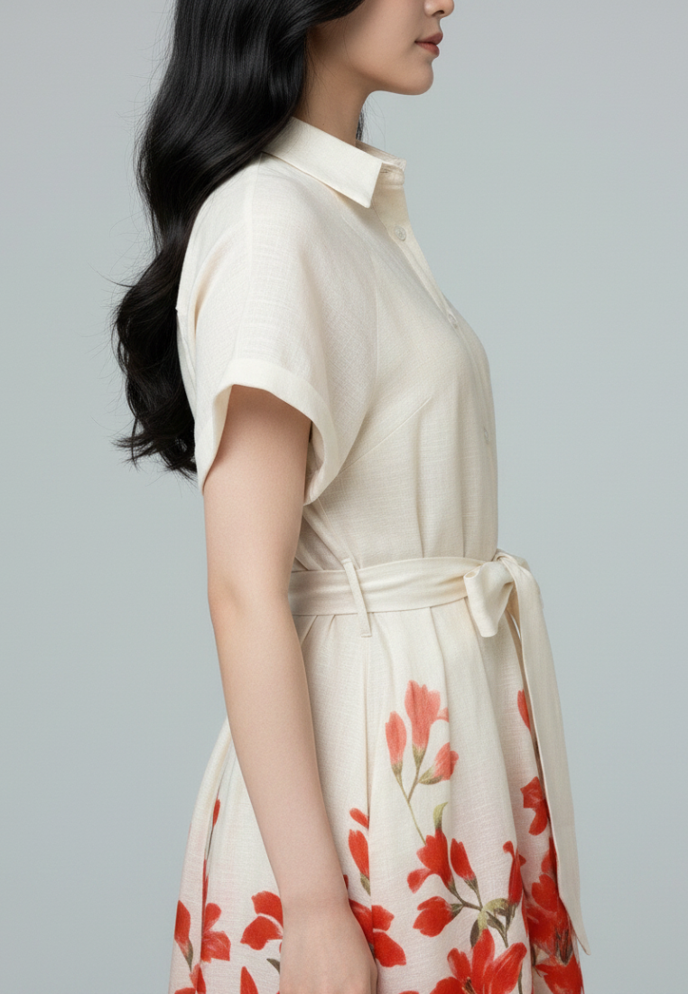 Coralie Floral Prints Tie Waist Button Down Collared Dress (Red)