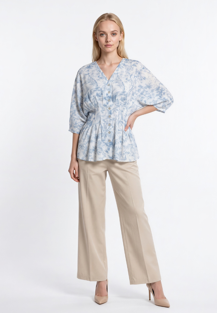 Josie Toile Prints V-Neck Cinched Waist Pleated Top (Blue)