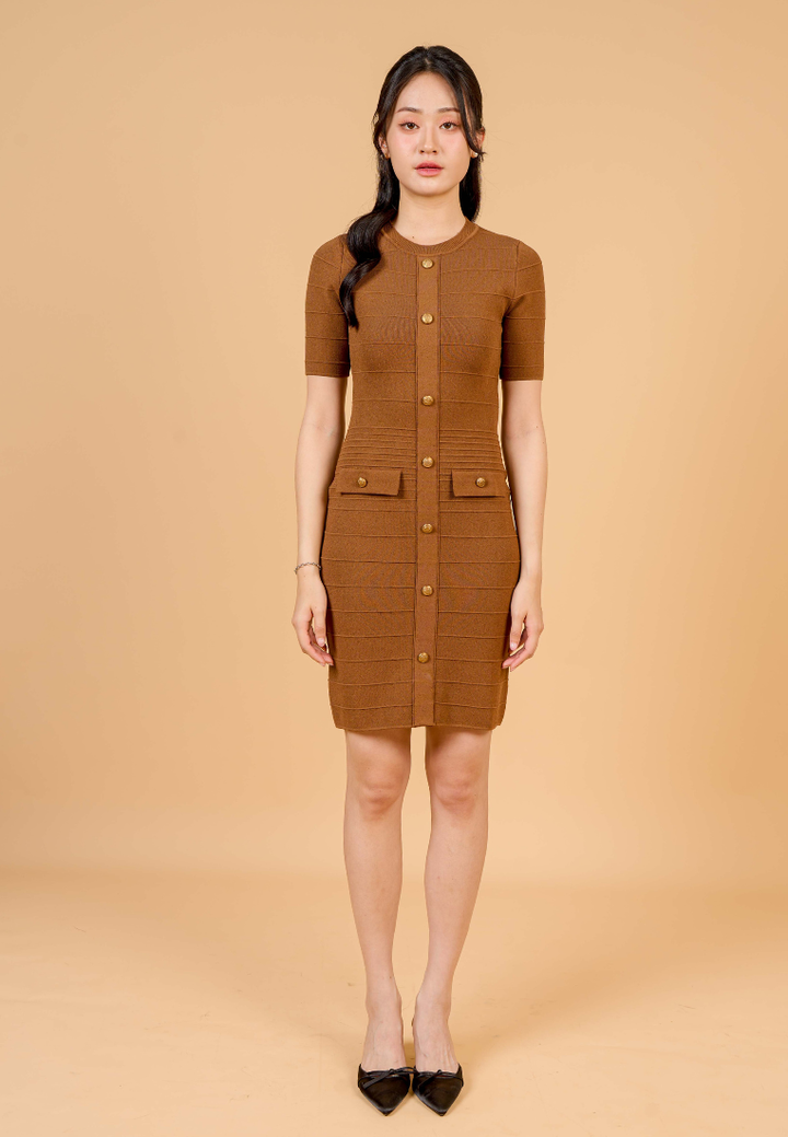 Sienna Elbow Sleeve Knitted Dress (Brown)