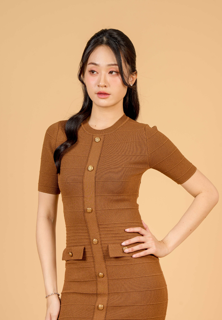 Sienna Elbow Sleeve Knitted Dress (Brown)