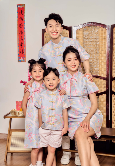 Xia He 夏荷 Jacquard Cheongsam With Ribbons (Blue)