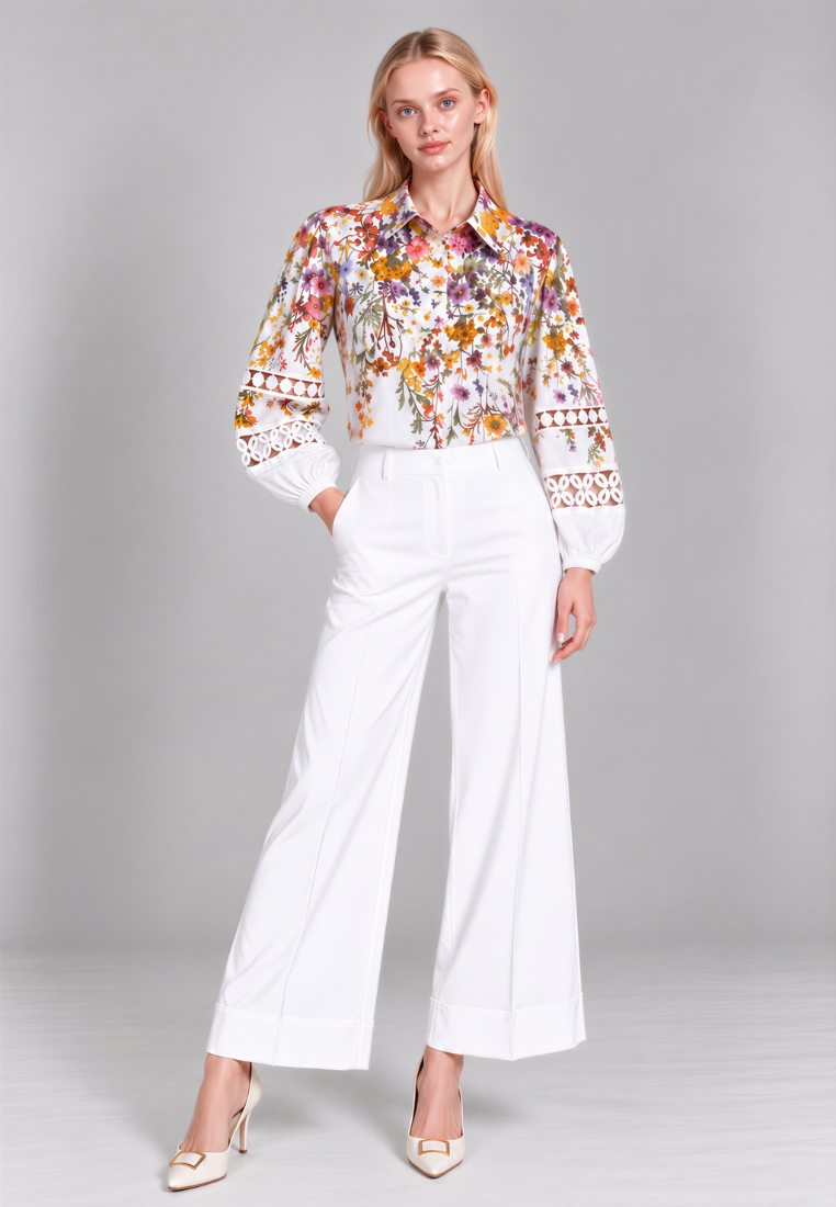 Noelle Floral Prints Button Down Collared Shirt (White)