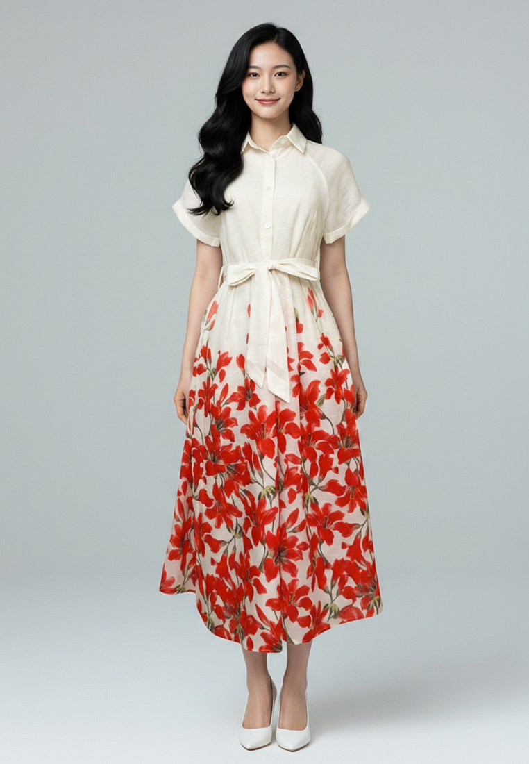 Coralie Floral Prints Tie Waist Button Down Collared Dress (Red)