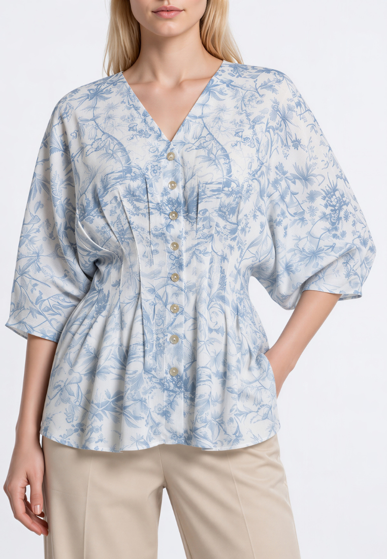Josie Toile Prints V-Neck Cinched Waist Pleated Top (Blue)