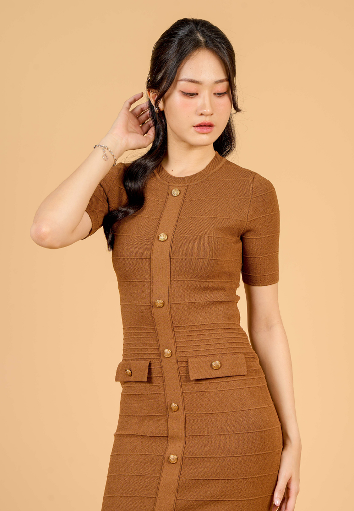 Sienna Elbow Sleeve Knitted Dress (Brown)