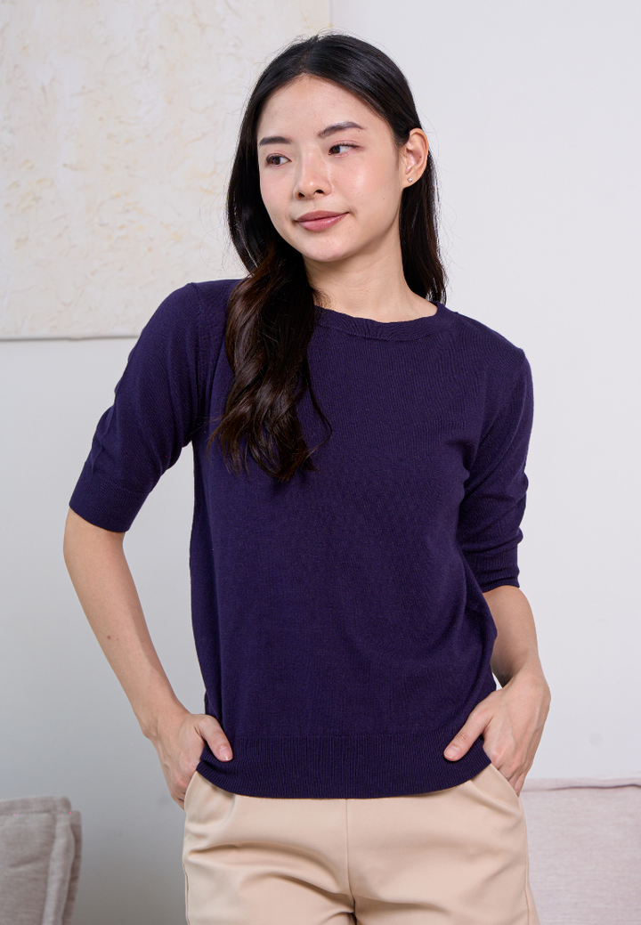 Aimee Elbow Sleeves Knitted Top (Navy Blue)