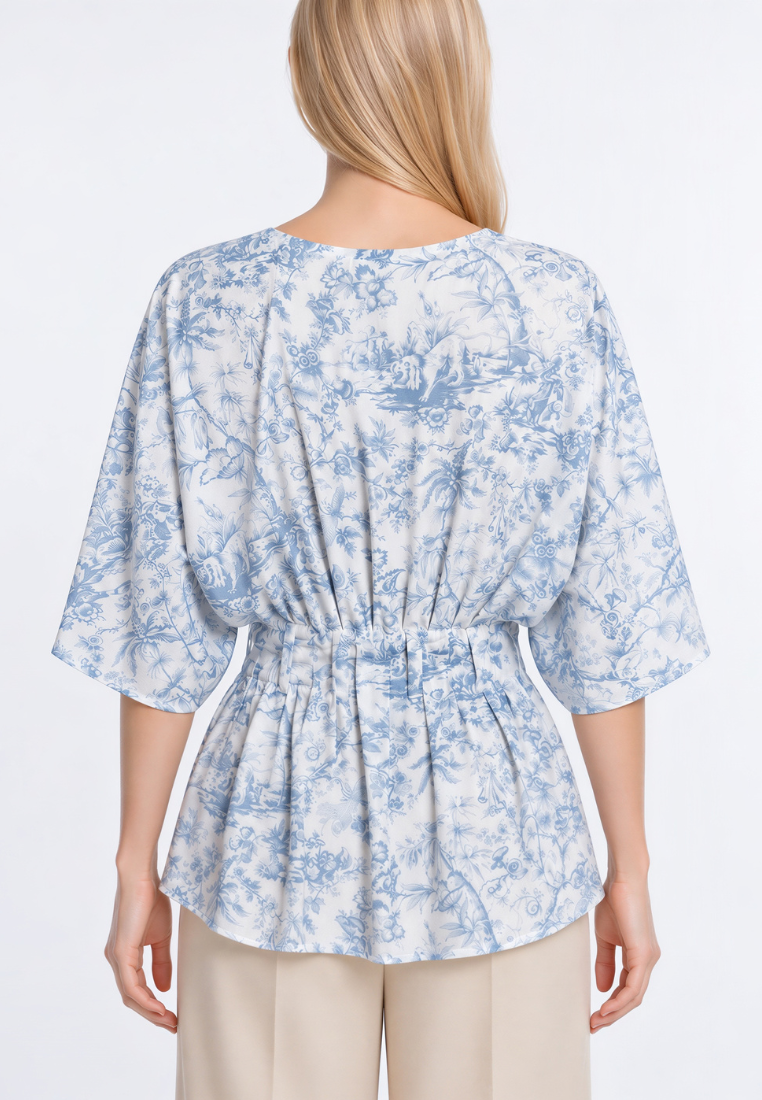 Josie Toile Prints V-Neck Cinched Waist Pleated Top (Blue)