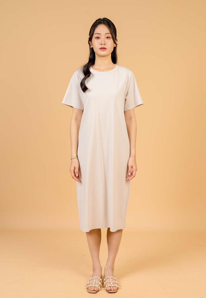 Aura Round Neck T-shirt Dress(Beige)