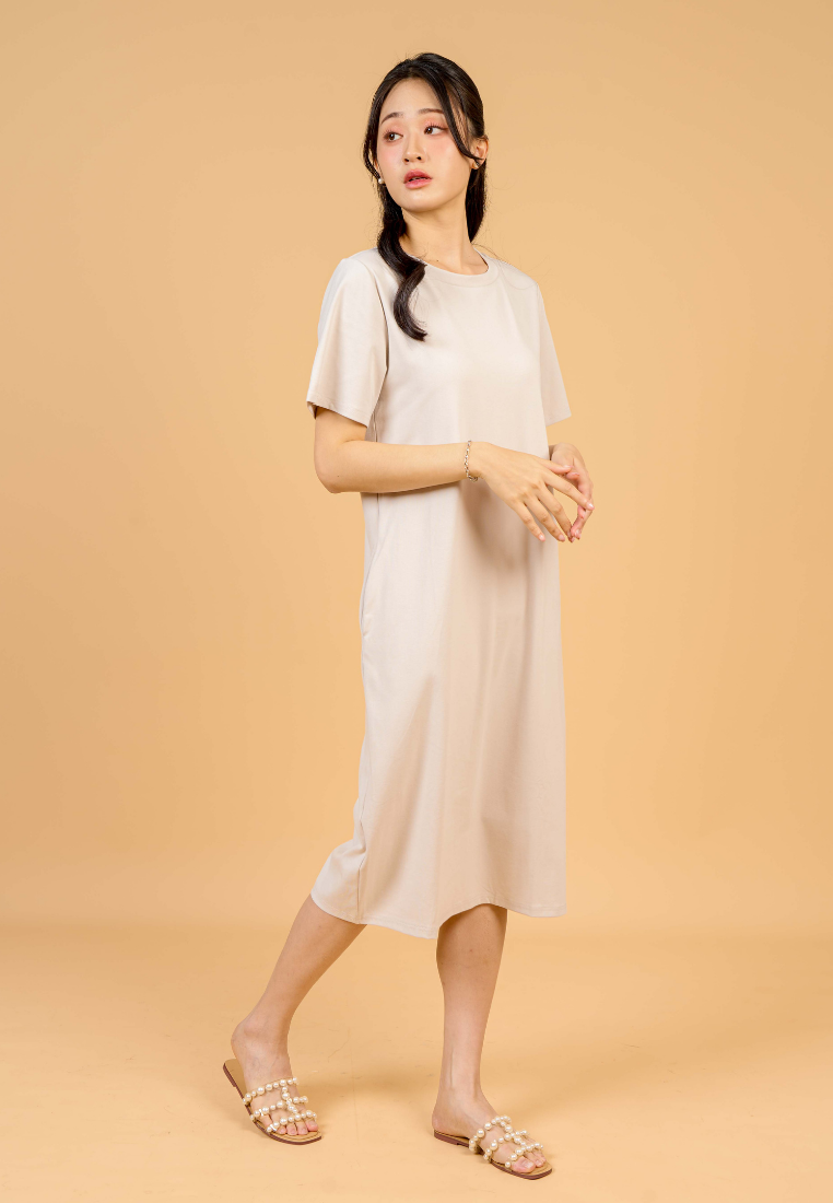 Aura Round Neck T-shirt Dress(Beige)