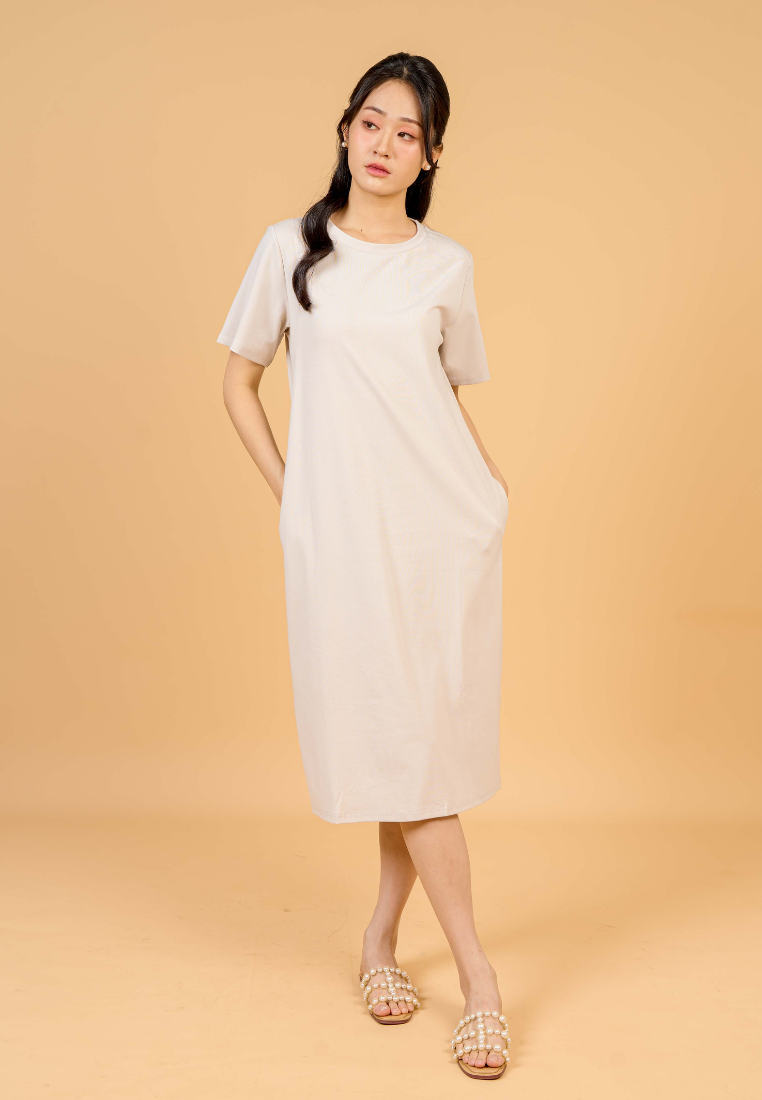 Aura Round Neck T-shirt Dress(Beige)