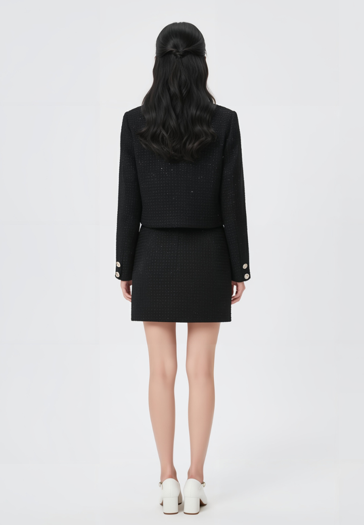 Amélie Pearl Trims with Gold Buttons Tweed Jacket (Black)