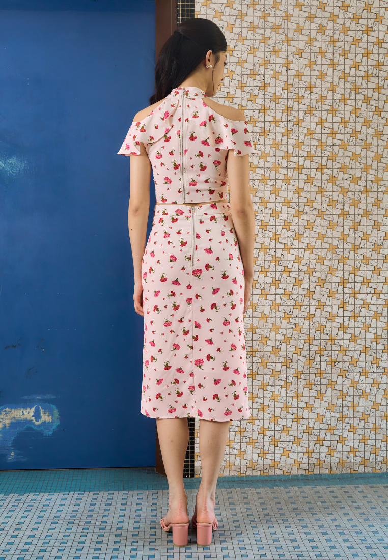 Mei Ya 美雅 Cold Shoulder Dainty Floral Cheongsam Set (Pink)