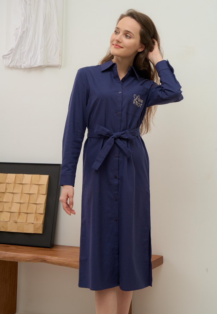 Aroha Long Sleeve Cotton Linen Button Down Dress (Navy Blue)