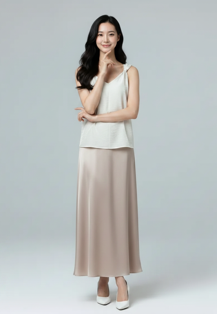 Lumi Satin Twisted Knot Sleeveless Blouse Top (Beige)