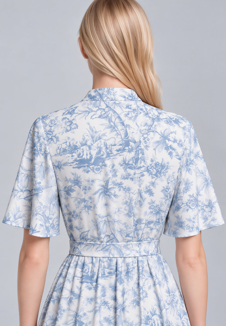Josephine Toile Prints Mandarin Collar Flutter Sleeve Midi Dress (Blue)