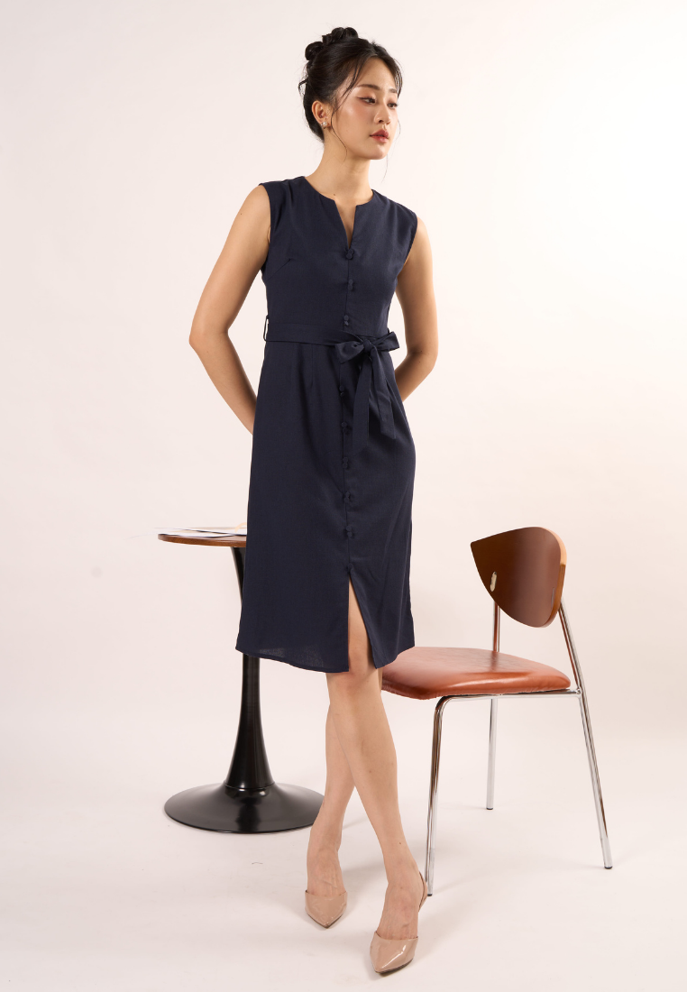 Tessa Sleeveless Linen Dress (Navy Blue)