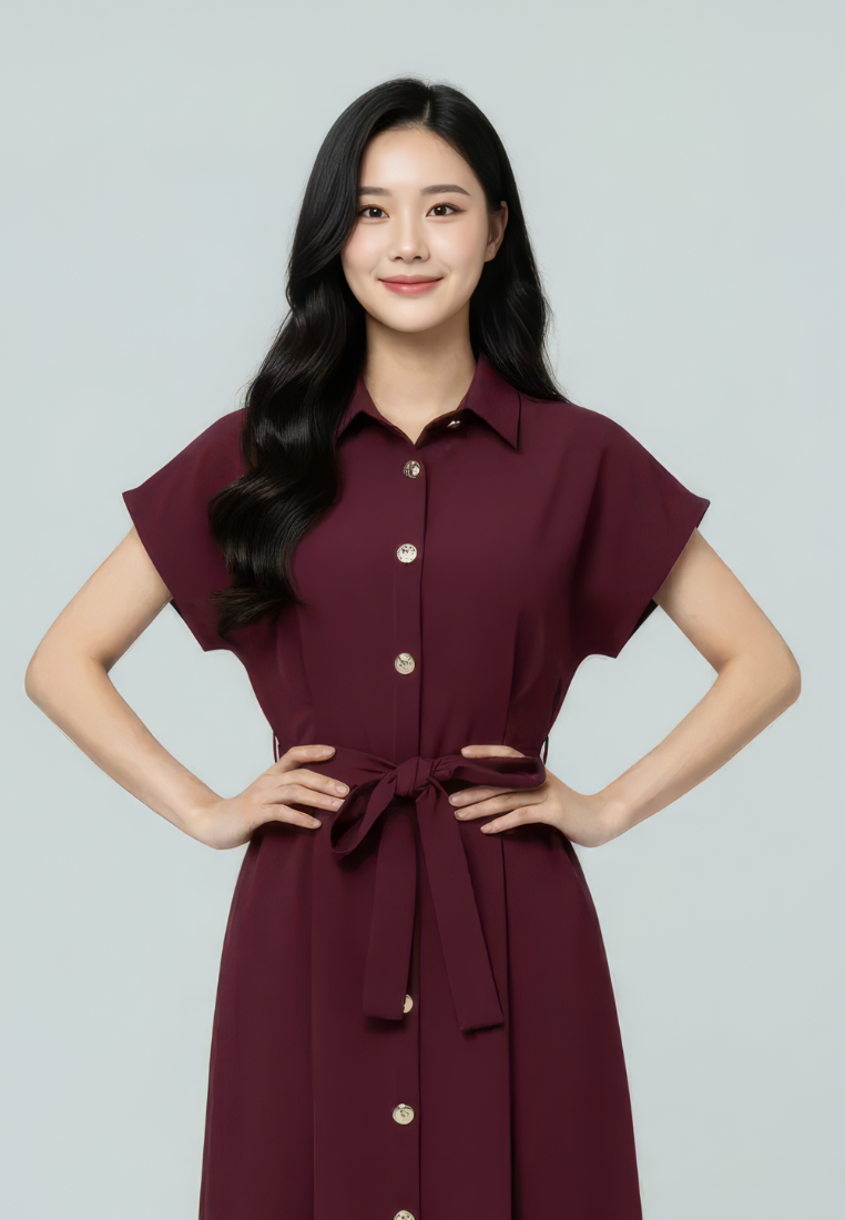 Dewi Collar Button Down Dress (Burgundy)