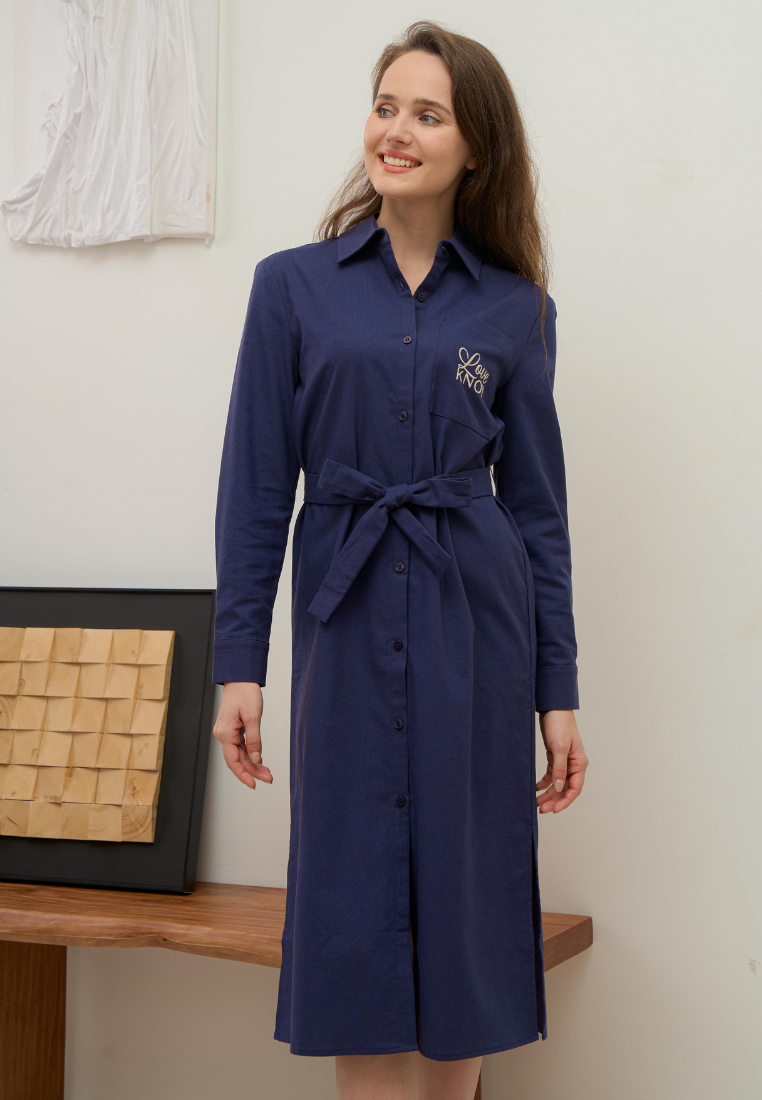 Aroha Long Sleeve Cotton Linen Button Down Dress (Navy Blue)