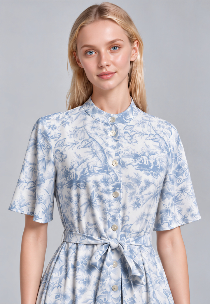 Josephine Toile Prints Mandarin Collar Flutter Sleeve Midi Dress (Blue)
