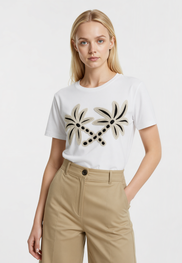 Livia Floral Applique Cotton T-Shirt (White)