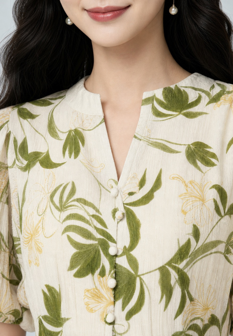 Briana Floral Prints With Puff Sleeve A-line Midi Dress (Green)