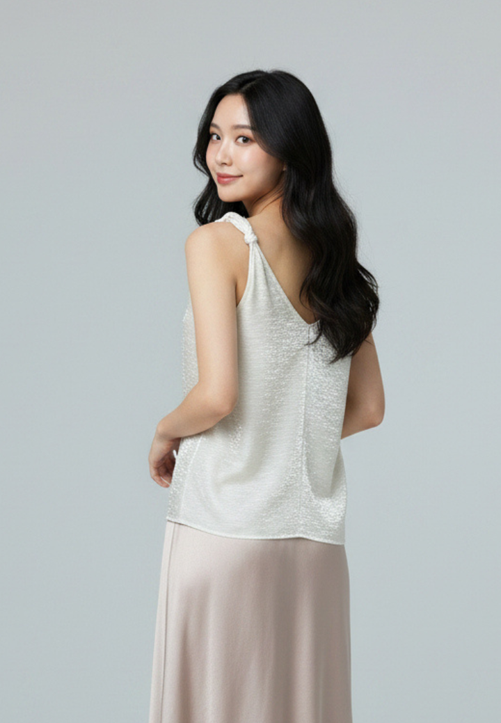 Lumi Satin Twisted Knot Sleeveless Blouse Top (Beige)