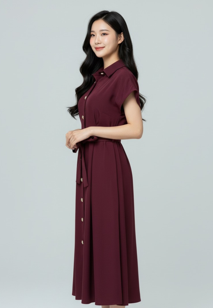 Dewi Collar Button Down Dress (Burgundy)