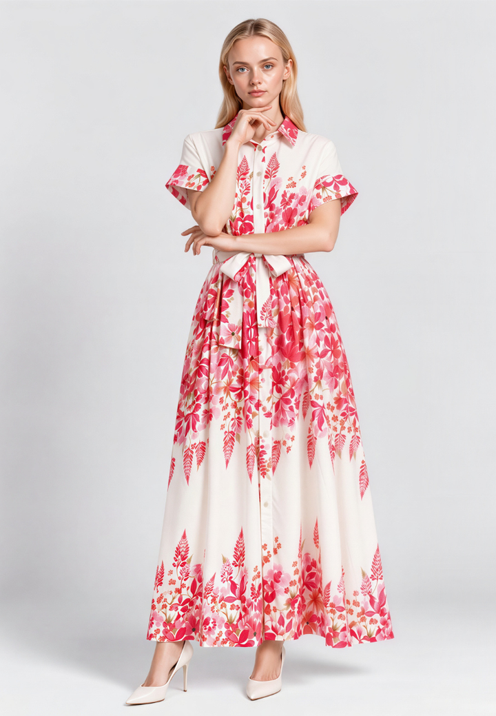 A woman modeling a long-sleeved, collared maxi dress with a pink and red floral print on a cream background, paired with beige heels, against a light gray studio backdrop.