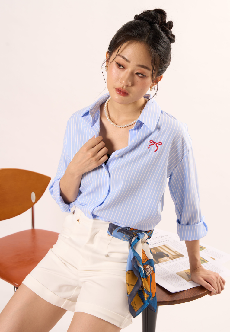 Victoria Striped Ribbon Shirt (Blue)