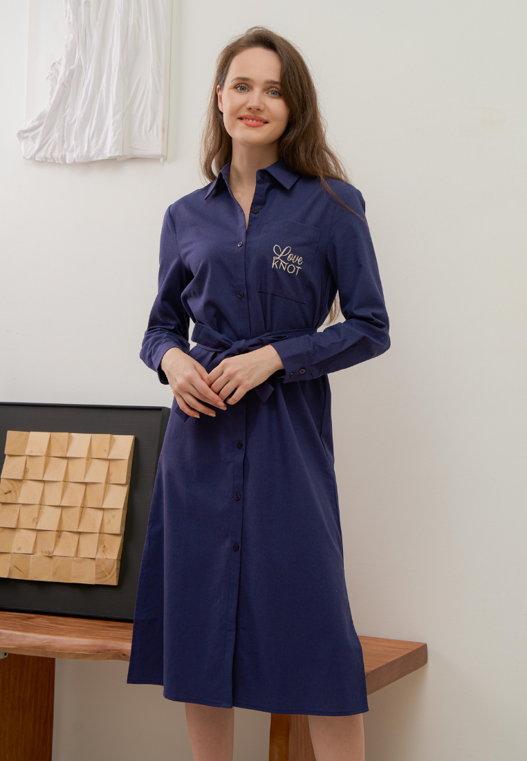 Aroha Long Sleeve Cotton Linen Button Down Dress (Navy Blue)