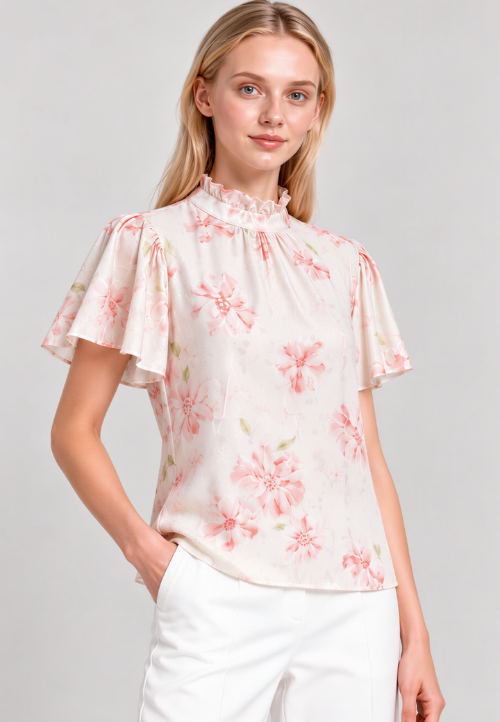 Sophie Floral Prints Ruffle High Neck Flutter Sleeve Top (Pink)