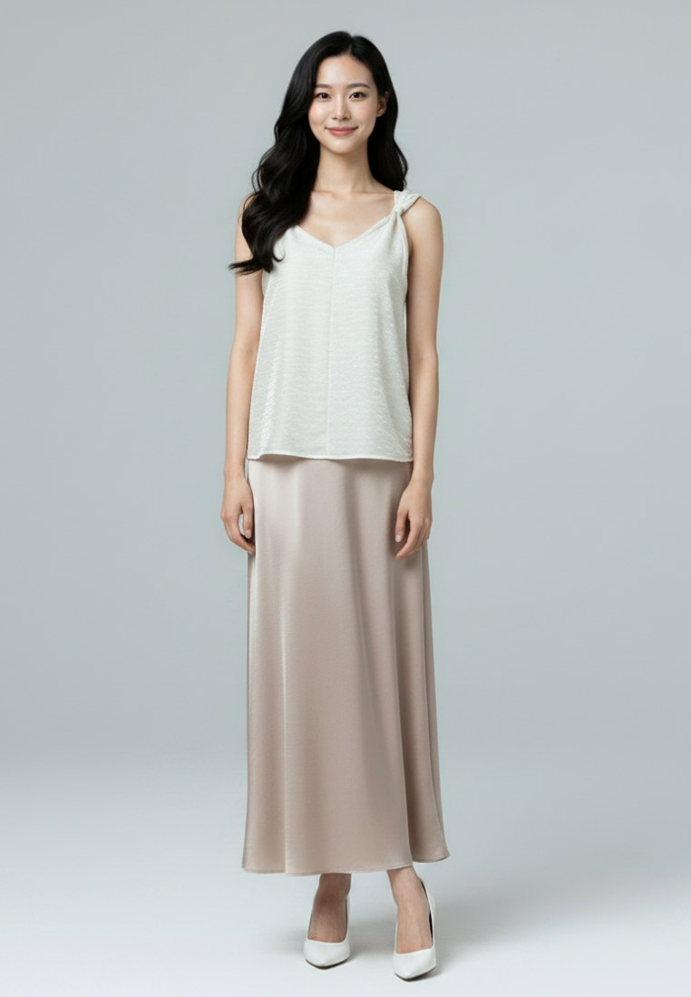 Lumi Satin Twisted Knot Sleeveless Blouse Top (Beige)