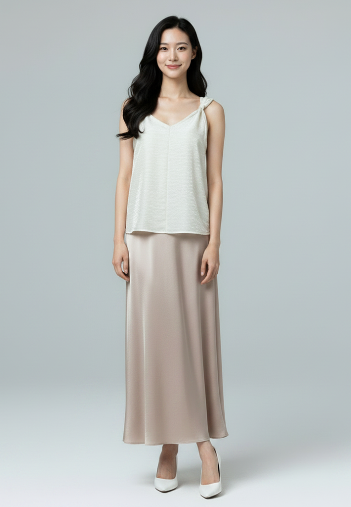 Lumi Satin Twisted Knot Sleeveless Blouse Top (Beige)