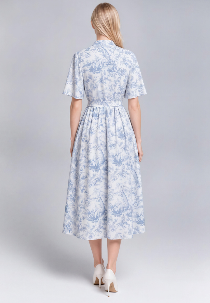 Josephine Toile Prints Mandarin Collar Flutter Sleeve Midi Dress (Blue)