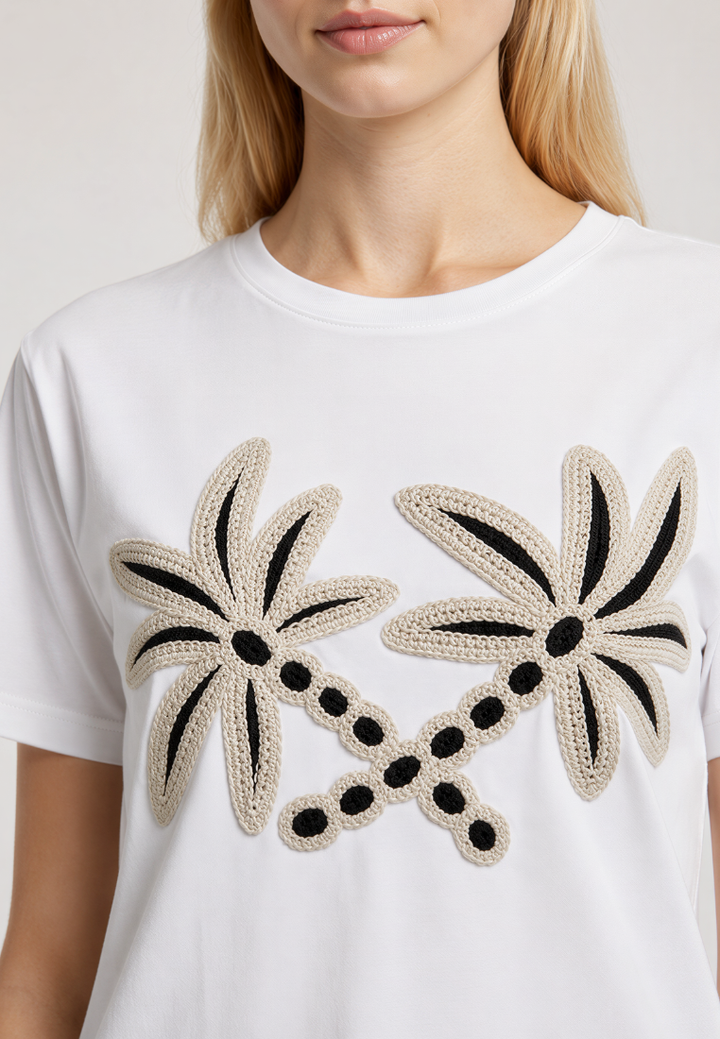 Livia Floral Applique Cotton T-Shirt (White)