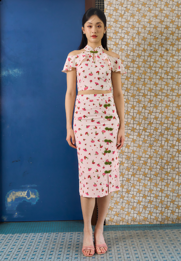 Mei Ya 美雅 Cold Shoulder Dainty Floral Cheongsam Set (Pink)