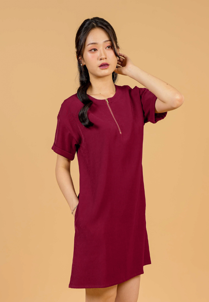 Rylee A-Line With Gold Zipper Dress(Red)