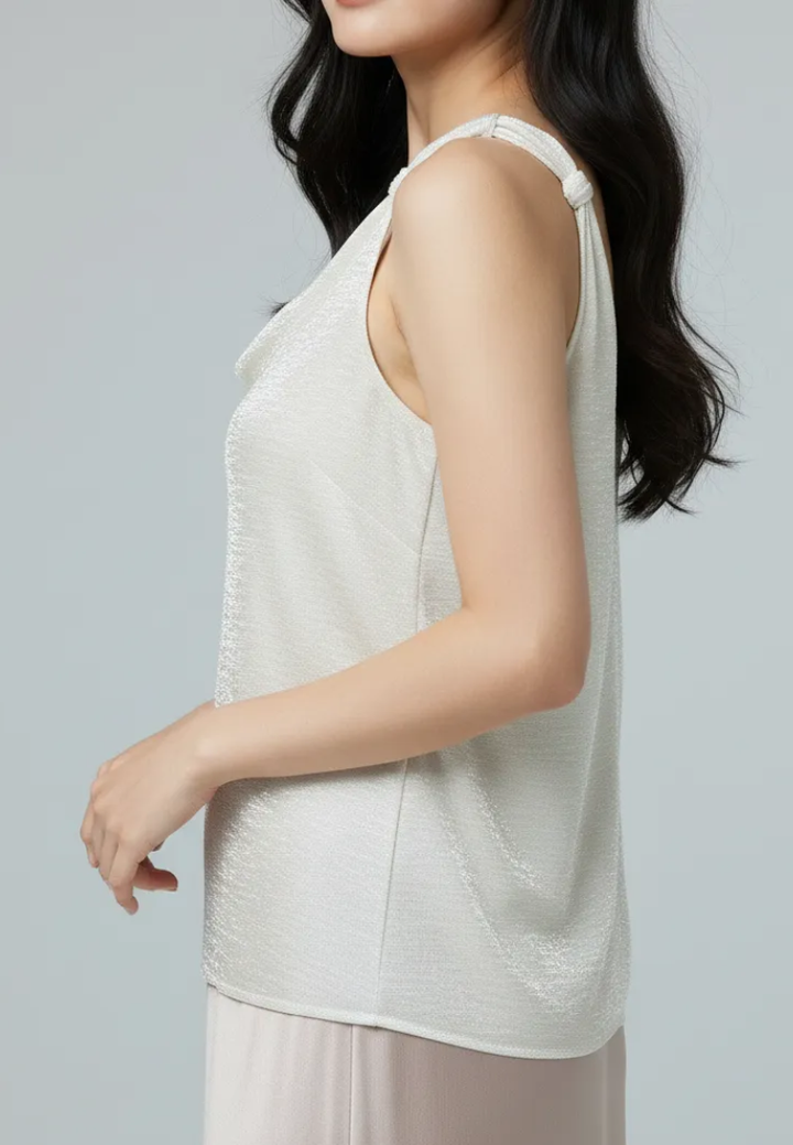 Lumi Satin Twisted Knot Sleeveless Blouse Top (Beige)
