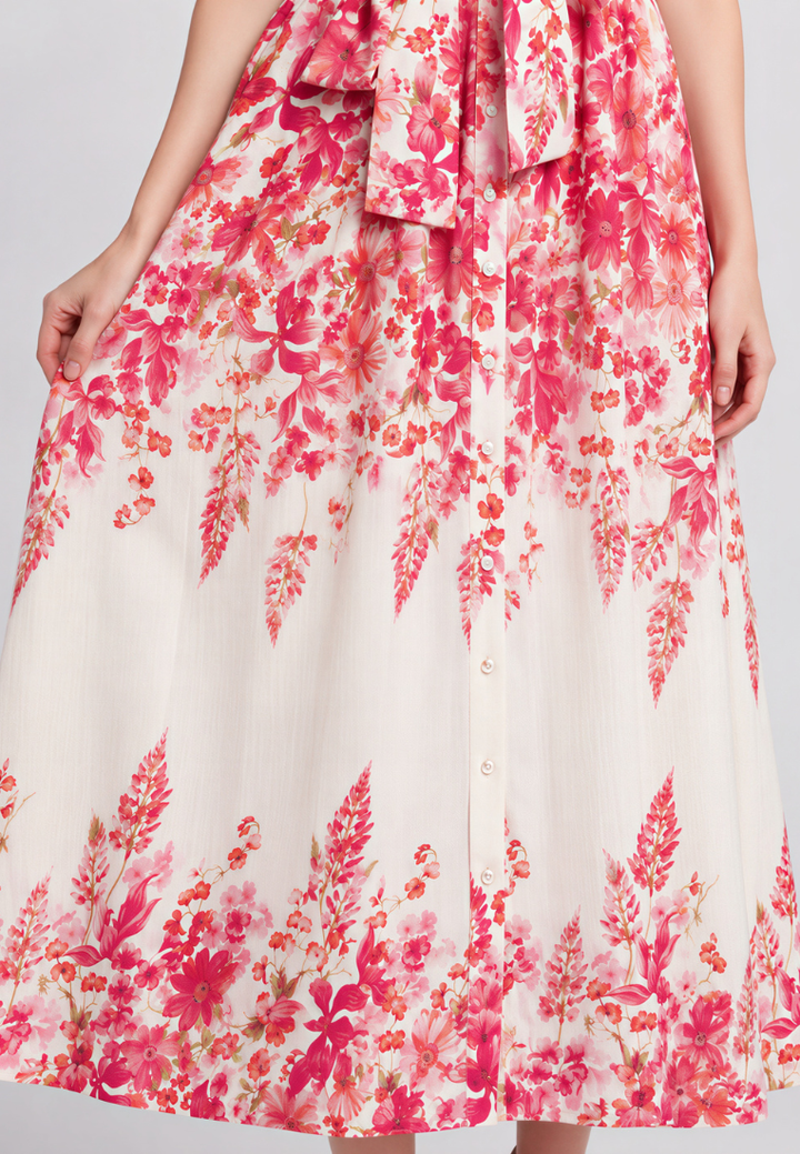 A close-up of a white midi skirt with a vibrant pink and red floral print, featuring a ruffled waistband and button-front closure.