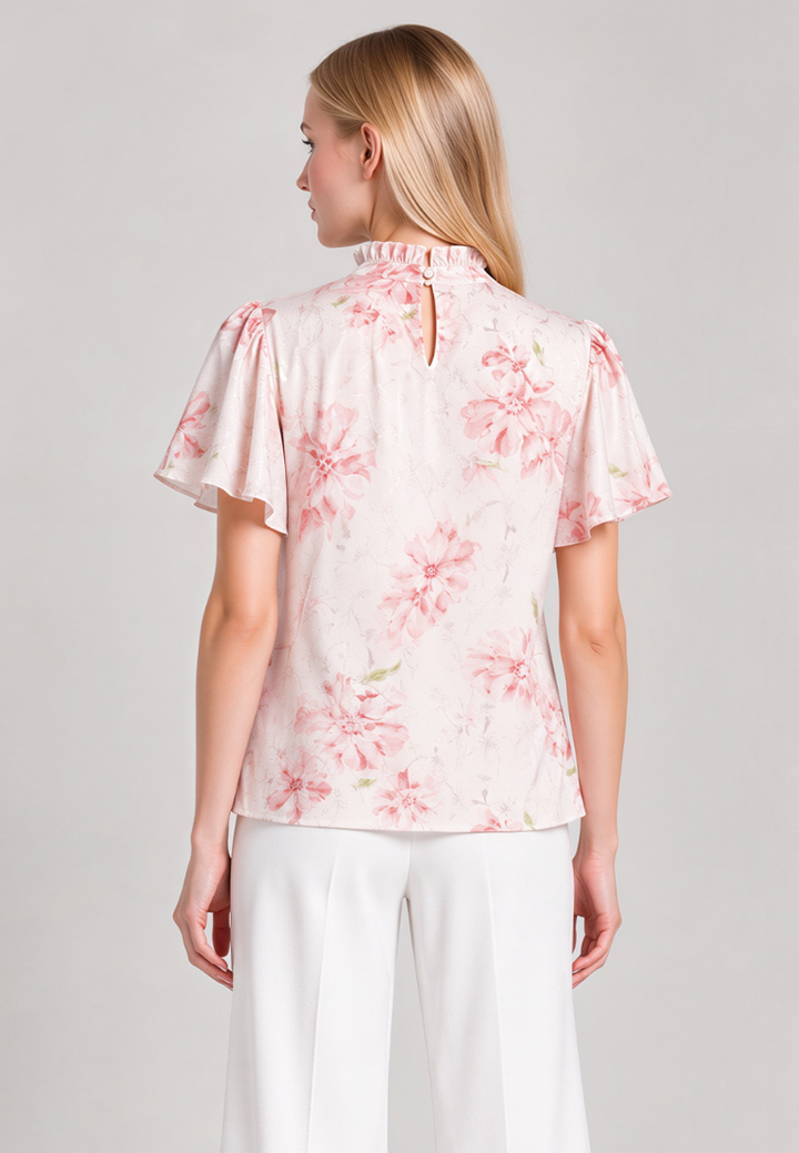 Sophie Floral Prints Ruffle High Neck Flutter Sleeve Top (Pink)