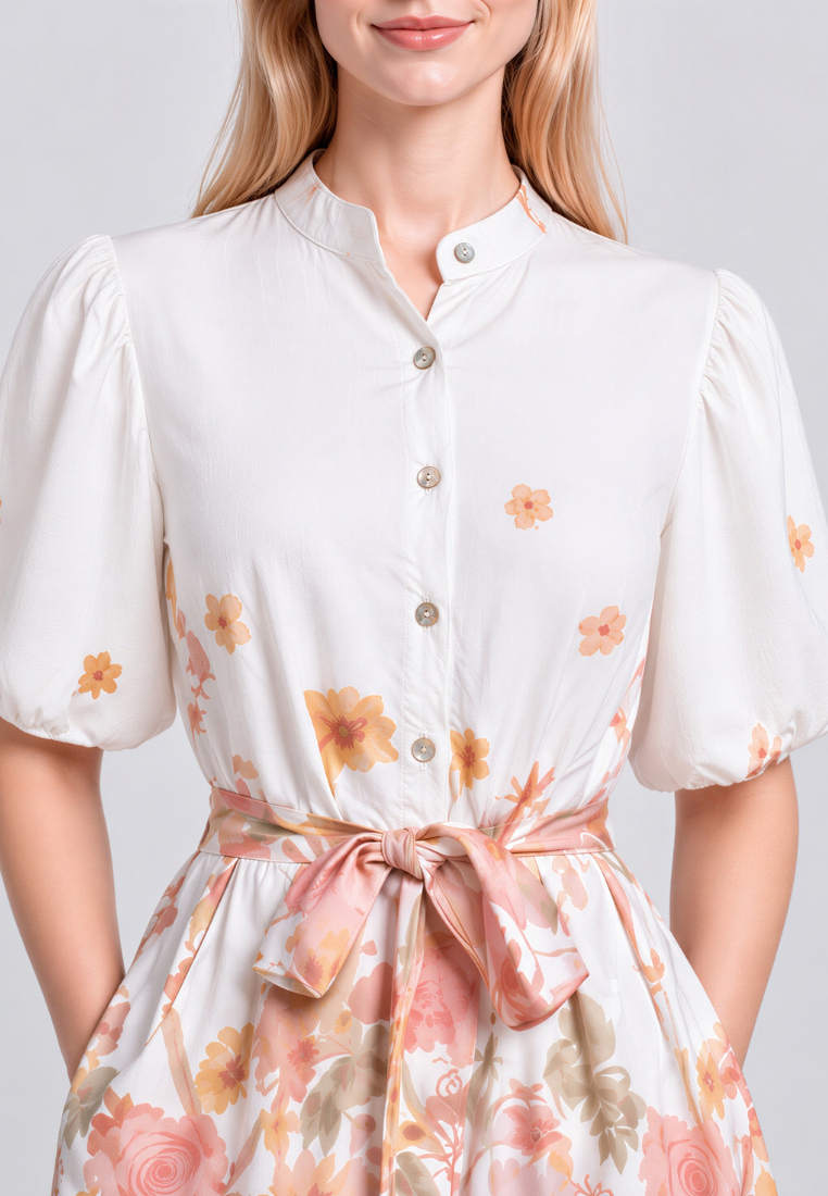 Helena Mandarin Collar Puff Sleeves Tiered Floral Midi Dress (Orange)