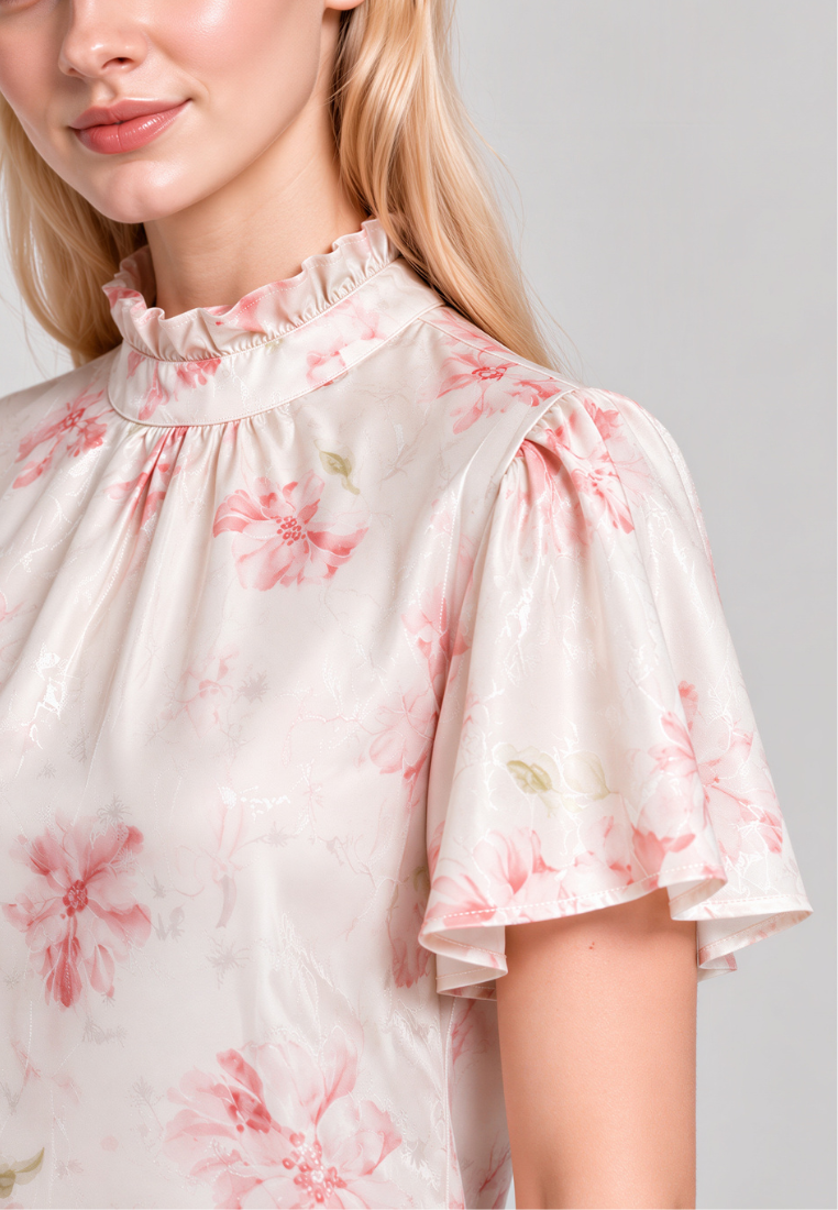 Sophie Floral Prints Ruffle High Neck Flutter Sleeve Top (Pink)