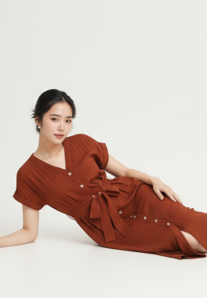 Allara Puff Sleeve Button Down Midi Dress (Brown)