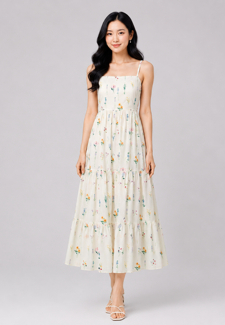 Cassia Floral Print Tiered Sleeveless Dress (Beige)