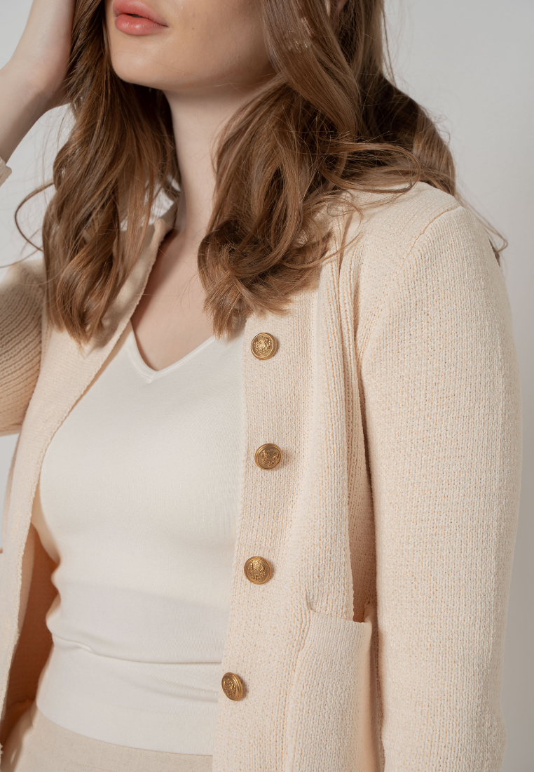 Noemi Gold Buttons Embelished Knitted Cardigan (Cream White)