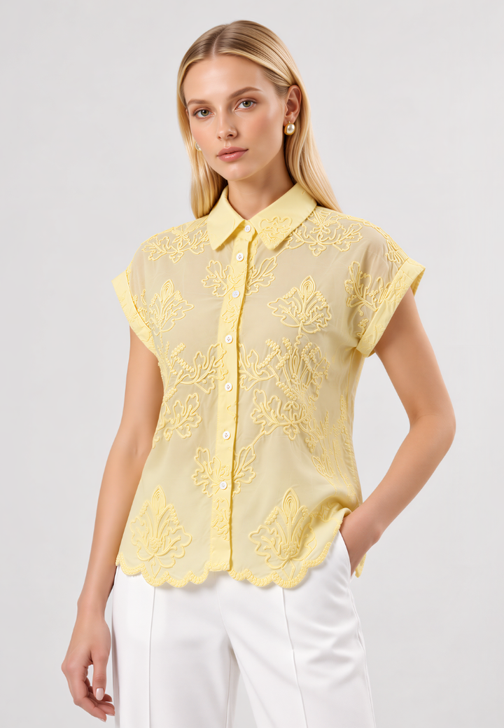 Phoebe Cotton Embroidered Scalloped Hem Button Down Shirt (Yellow)