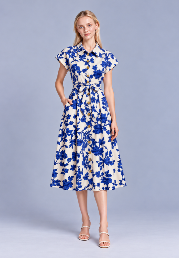 Lila Floral Print Collar Button Down Dress (Blue)