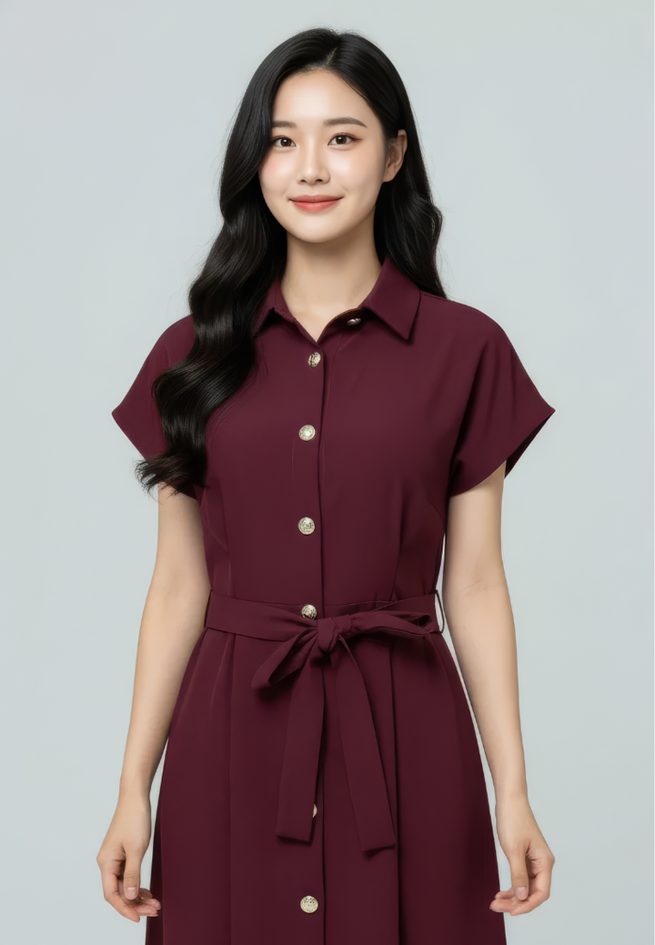 Dewi Collar Button Down Dress (Burgundy)