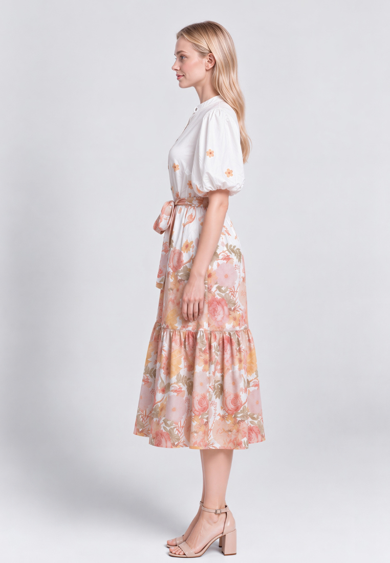 Helena Mandarin Collar Puff Sleeves Tiered Floral Midi Dress (Orange)